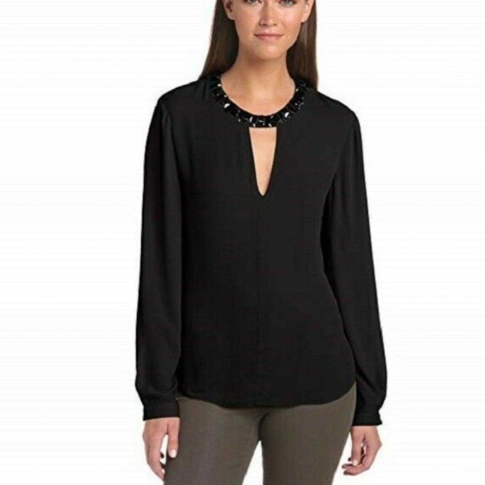 BCBG MAXAZRIA Black Frances Jewelneck Blouse, Large
